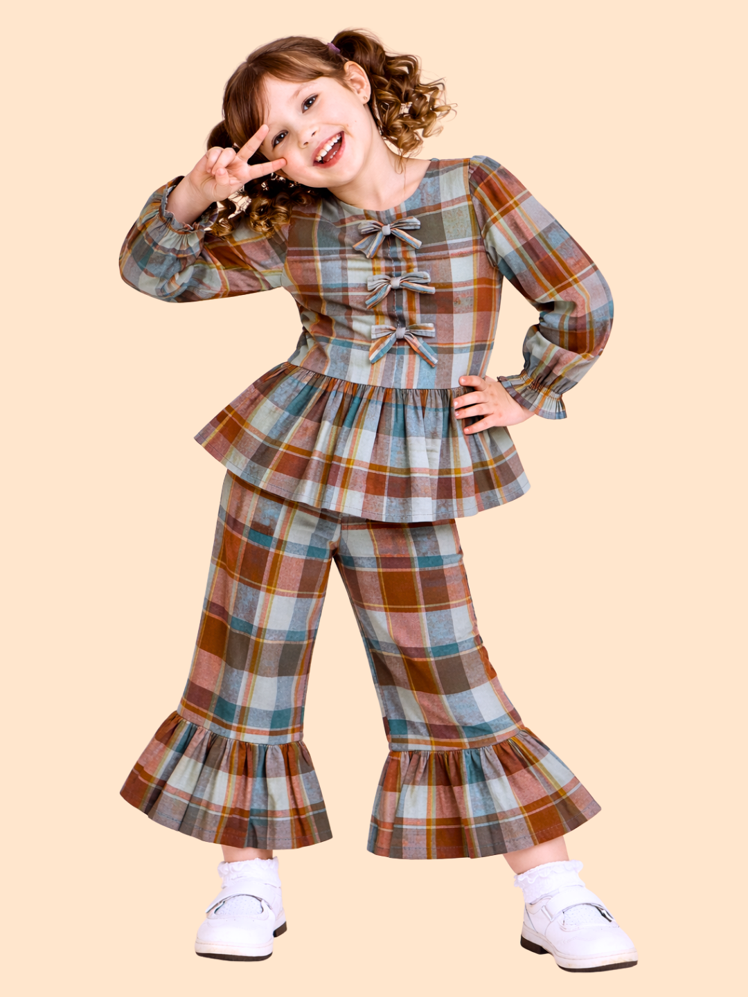 Girls Multicolor Checkered Peplum Top with Flared Pants | Stylish Casual Party Outfit (2-10 Years)