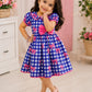 Girls Blue Checked Fit & Flare Dress with Pink Bow | Peter Pan Collar Cotton Dress | Casual Party Wear Dress for Girls