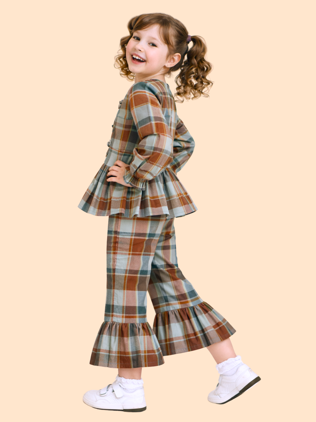 Girls Multicolor Checkered Peplum Top with Flared Pants | Stylish Casual Party Outfit (2-10 Years)