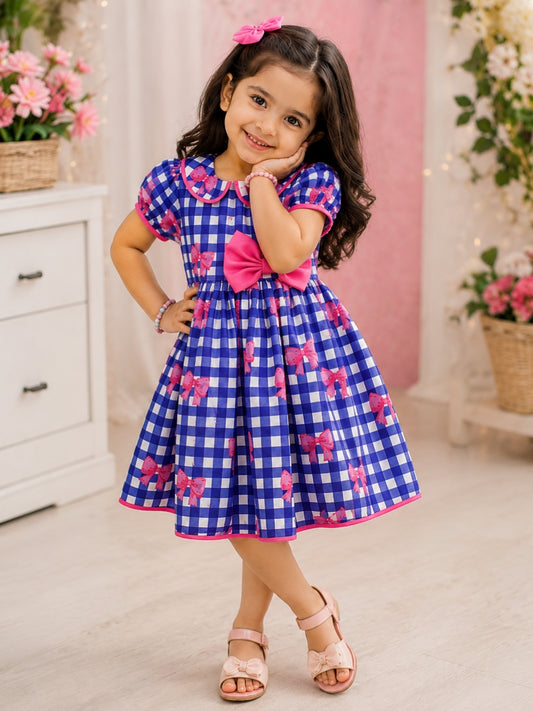 Girls Blue Checked Bow Dress (2–8 Years)
