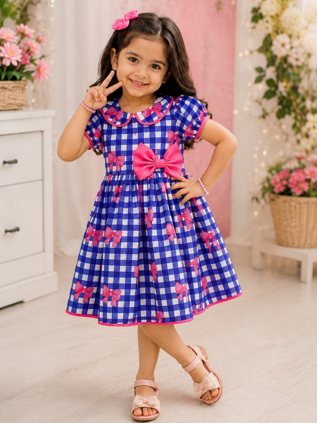 Girls Blue Checked Fit & Flare Dress with Pink Bow | Peter Pan Collar Cotton Dress | Casual Party Wear Dress for Girls