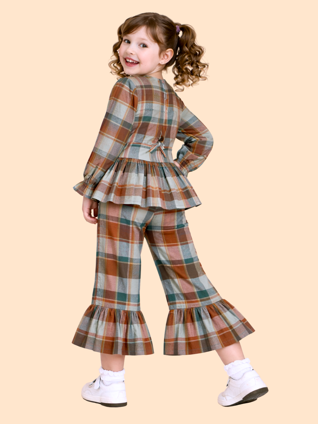 Girls Multicolor Checkered Peplum Top with Flared Pants | Stylish Casual Party Outfit (2-10 Years)