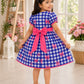 Girls Blue Checked Fit & Flare Dress with Pink Bow | Peter Pan Collar Cotton Dress | Casual Party Wear Dress for Girls