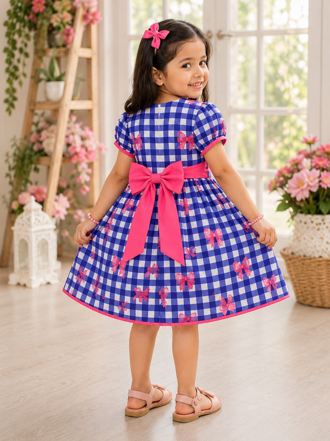 Girls Blue Checked Fit & Flare Dress with Pink Bow | Peter Pan Collar Cotton Dress | Casual Party Wear Dress for Girls