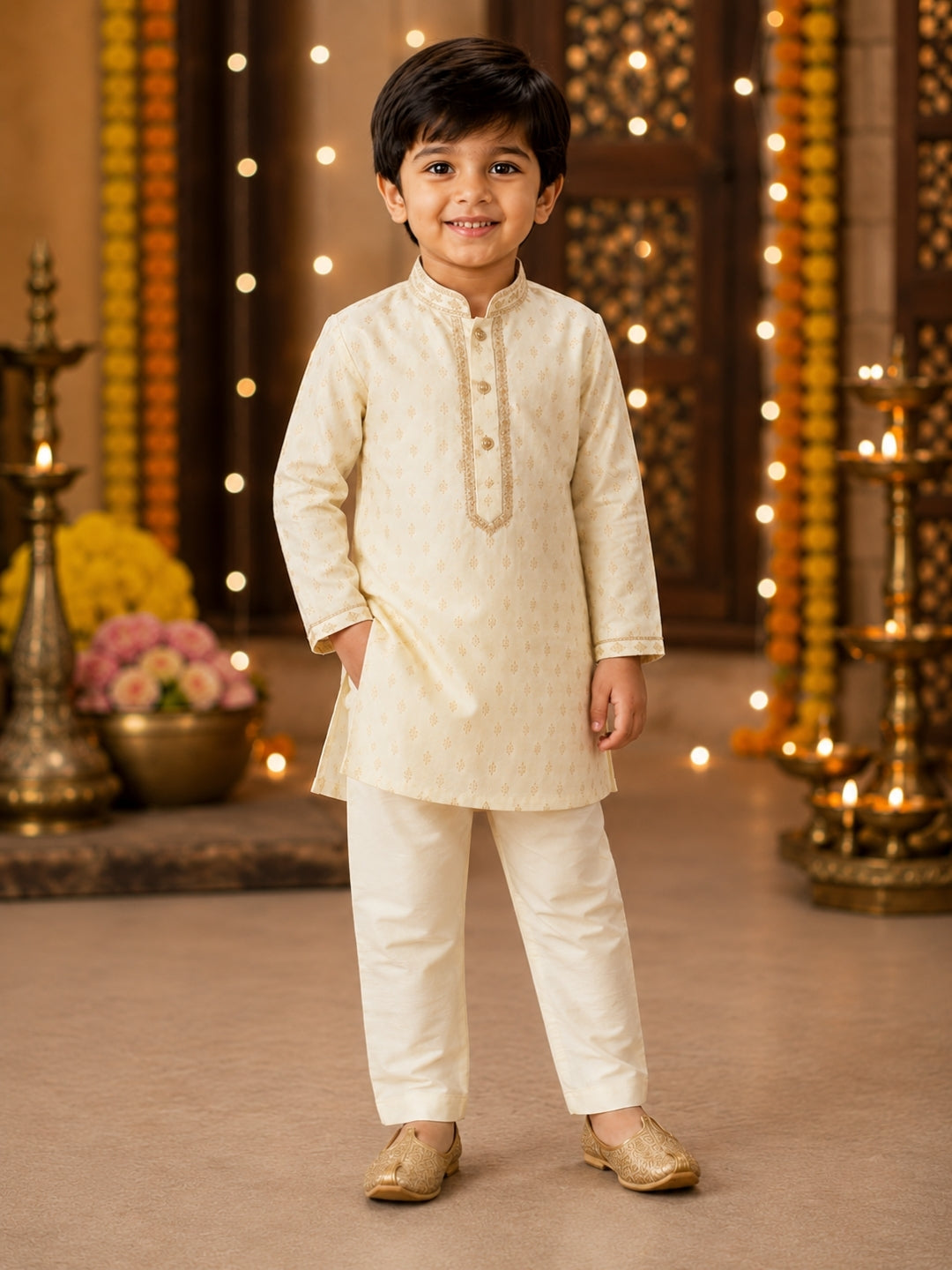 Boys Cream Embroidered Kurta Pajama Set | Premium Ethnic Wear for Kids | Festive, Wedding & Traditional Outfit (1–8 Years)