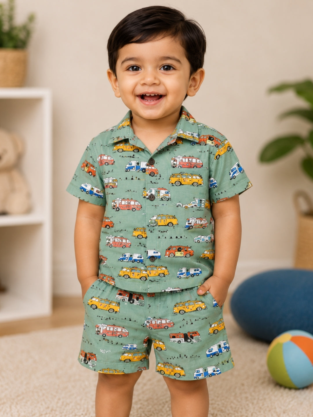 Boys Green Vehicle Print Cotton Co-ord Set | Half Sleeve Shirt & Shorts Set | Casual Summer Outfit for Boys