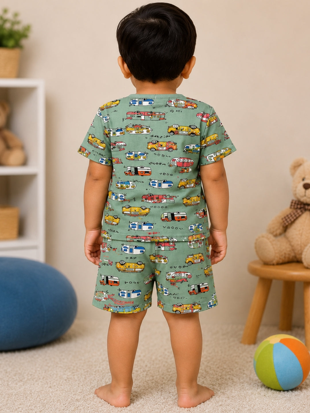 Boys Green Vehicle Print Cotton Co-ord Set | Half Sleeve Shirt & Shorts Set | Casual Summer Outfit for Boys