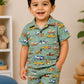 Boys Green Vehicle Print Cotton Co-ord Set | Half Sleeve Shirt & Shorts Set | Casual Summer Outfit for Boys