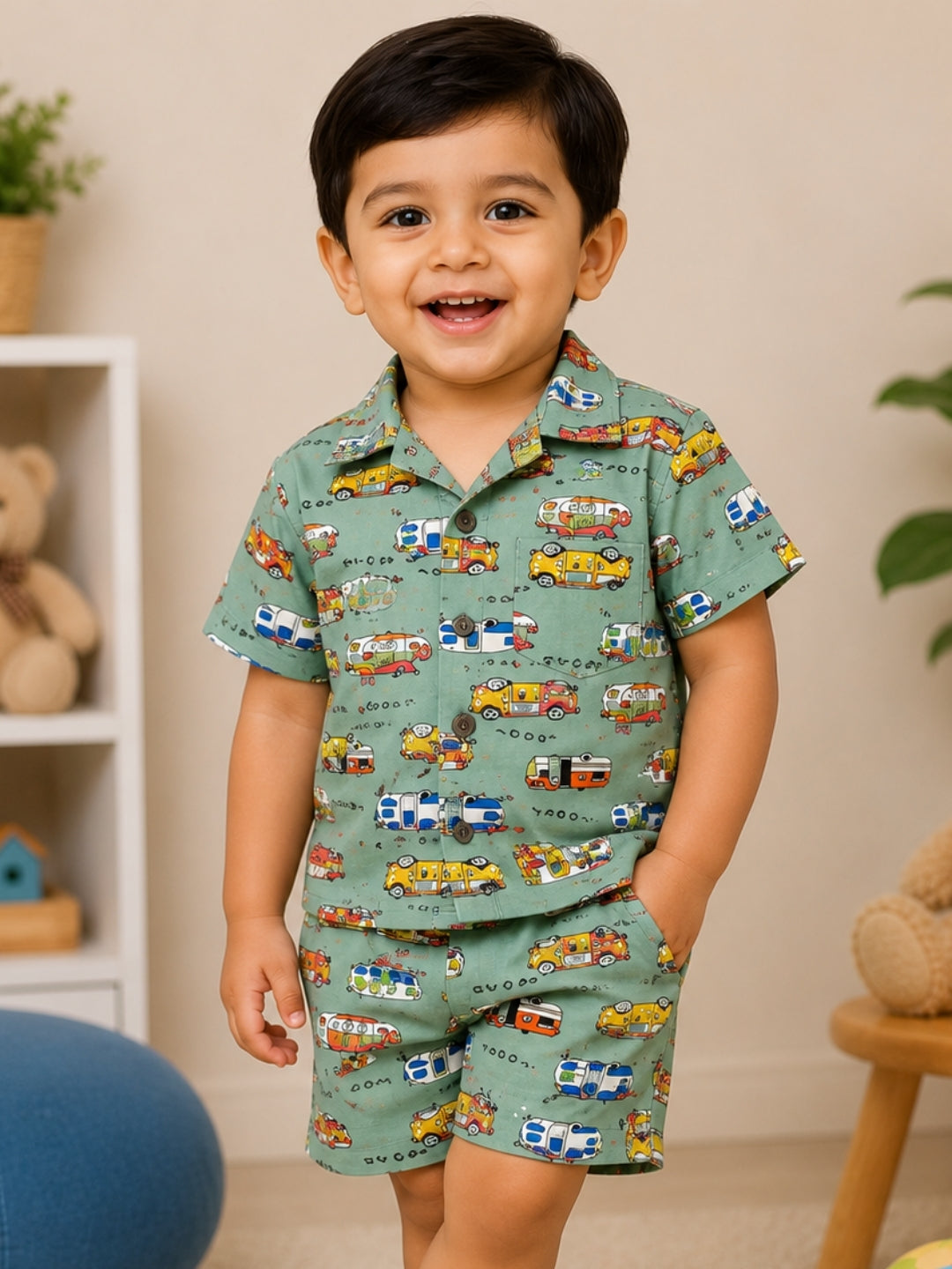 Boys Green Vehicle Print Cotton Co-ord Set | Half Sleeve Shirt & Shorts Set | Casual Summer Outfit for Boys