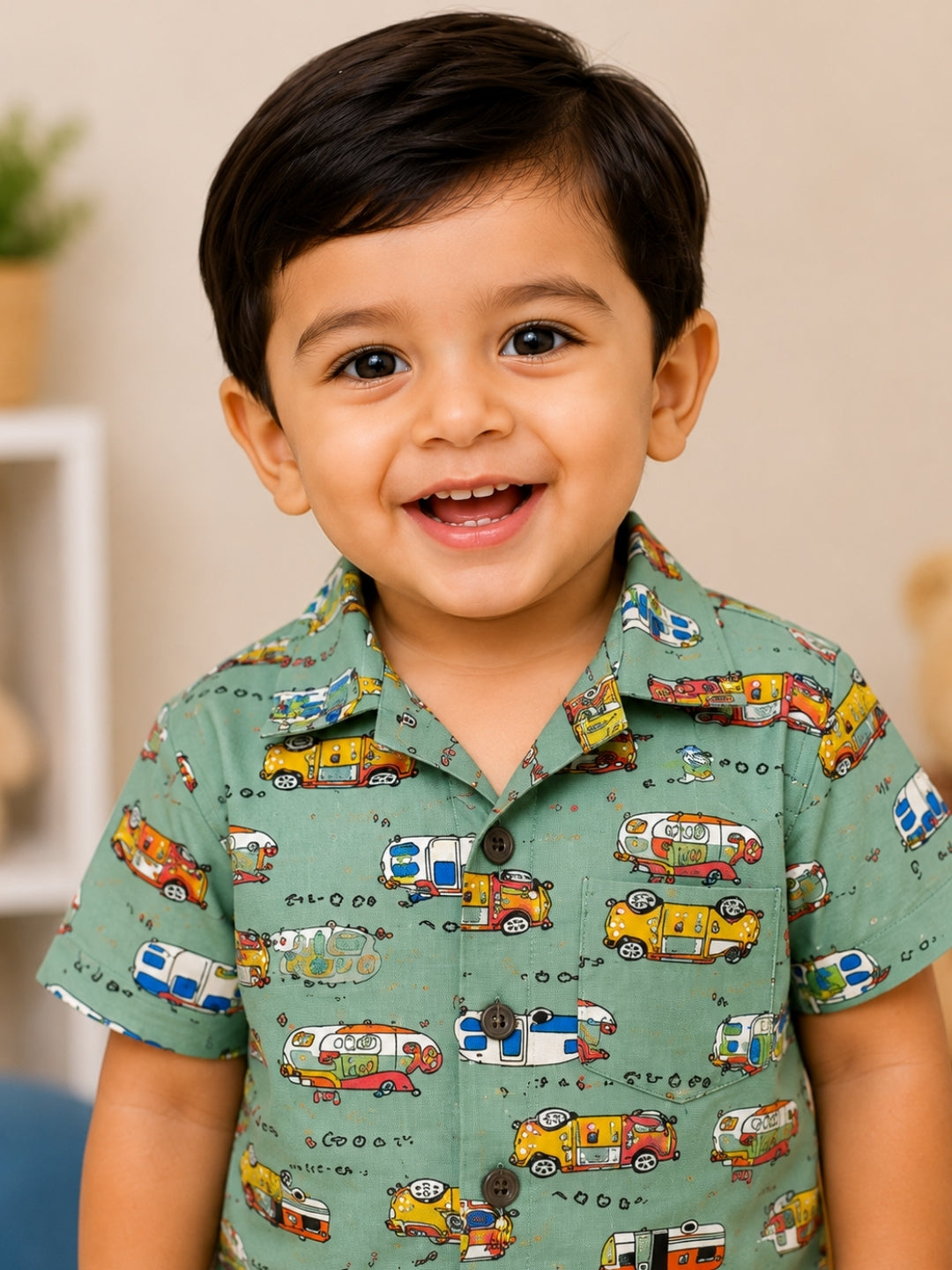 Boys Green Vehicle Print Cotton Co-ord Set | Half Sleeve Shirt & Shorts Set | Casual Summer Outfit for Boys