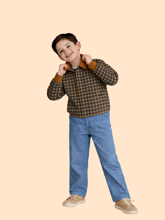Boys Brown Checkered Jacket with Denim Jeans | Stylish Winter Casual Outfit (2-10 Years)