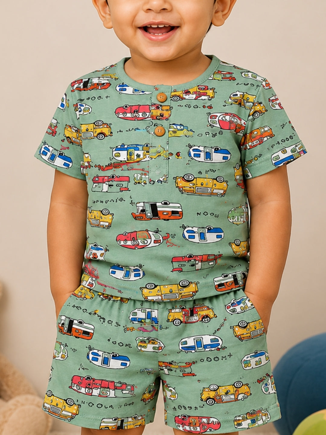 Boys Round Neck Green Vehicle Print Cotton T-Shirt & Shorts Co-ord Set | Half Sleeve Summer Outfit | Casual Wear for Boys