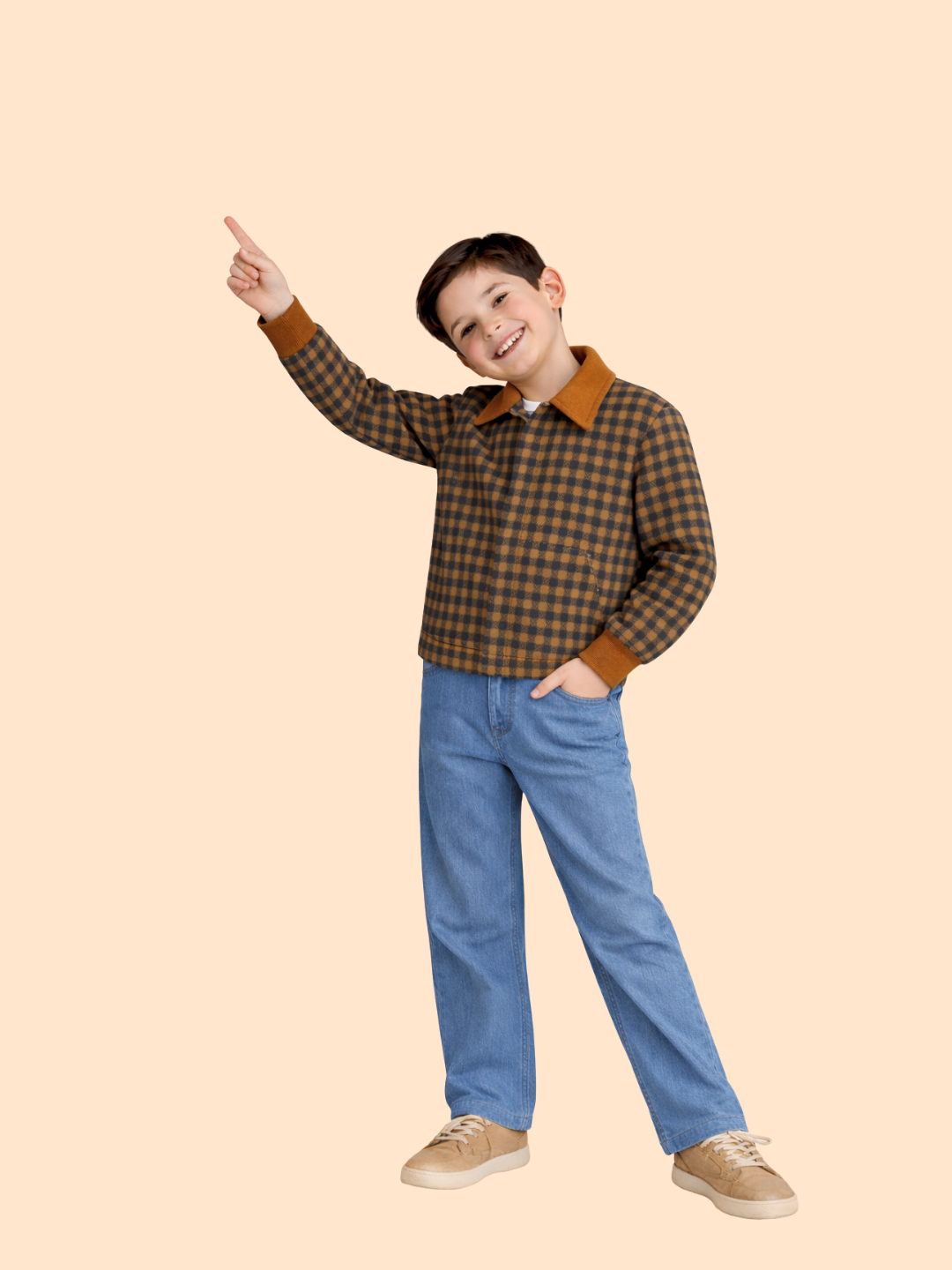 Boys Brown Checkered Jacket with Denim Jeans | Stylish Winter Casual Outfit (2-10 Years)
