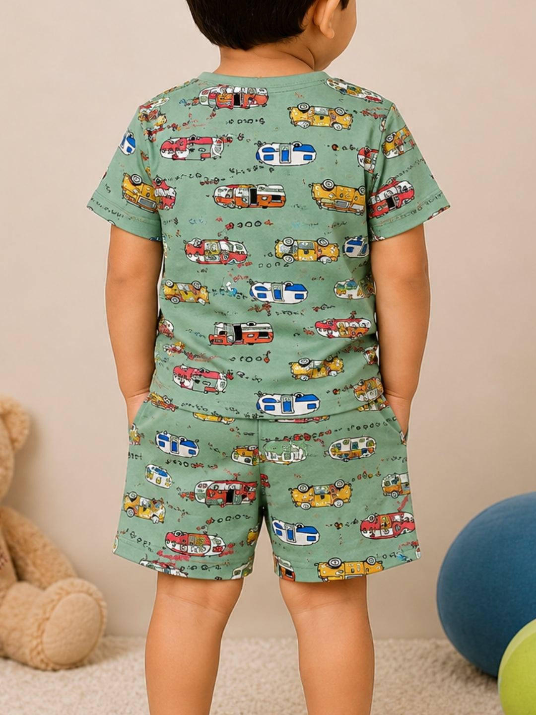 Boys Round Neck Green Vehicle Print Cotton T-Shirt & Shorts Co-ord Set | Half Sleeve Summer Outfit | Casual Wear for Boys