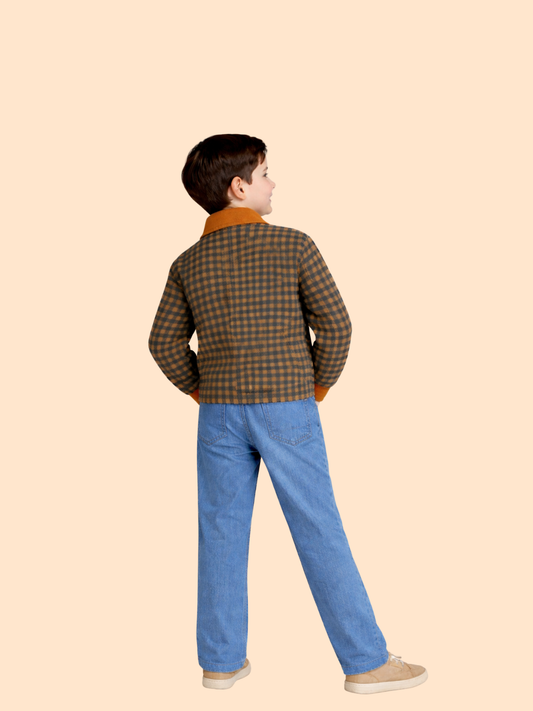 Boys Brown Checkered Jacket with Denim Jeans | Stylish Winter Casual Outfit (2-10 Years)
