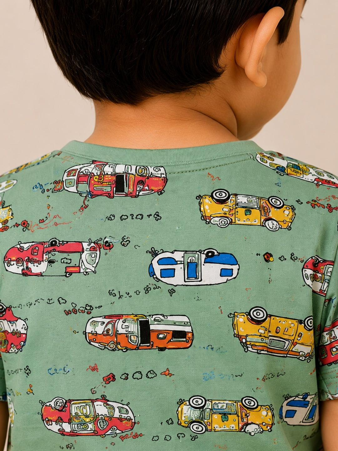 Boys Round Neck Green Vehicle Print Cotton T-Shirt & Shorts Co-ord Set | Half Sleeve Summer Outfit | Casual Wear for Boys