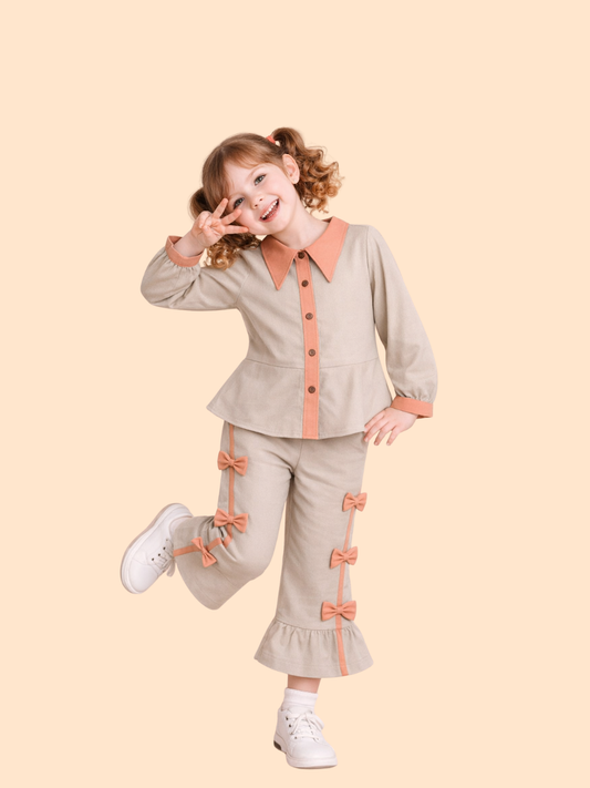 Girls Beige Co-Ord Set with Bow Detail | Stylish Top & Pant Outfit (2-10 Years)