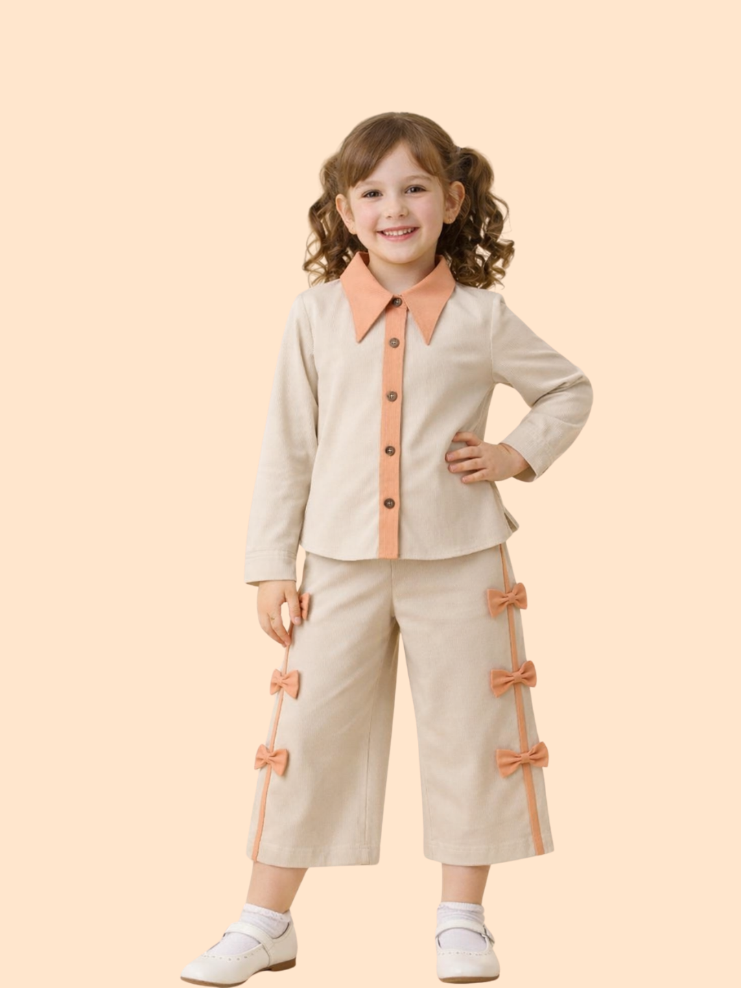 Girls Beige Co-Ord Set with Bow Detail | Stylish Top & Pant Outfit (2-10 Years)