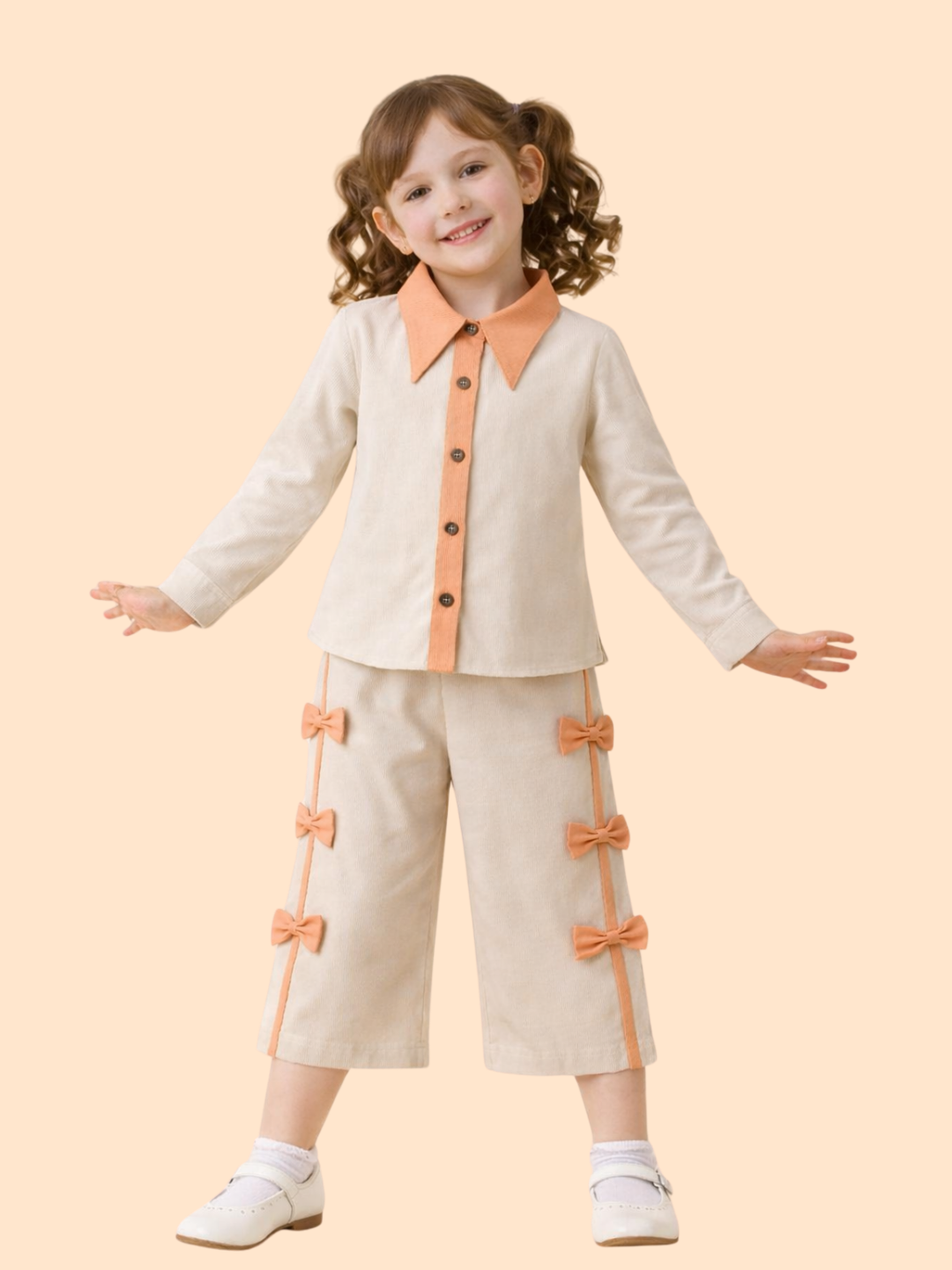 Girls Beige Co-Ord Set with Bow Detail | Stylish Top & Pant Outfit (2-10 Years)