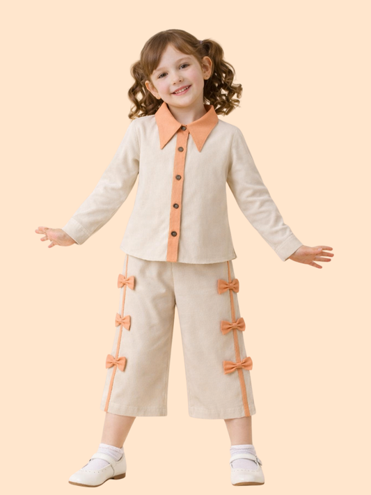 Girls Beige Co-Ord Set with Bow Detail | Stylish Top & Pant Outfit (2-10 Years)