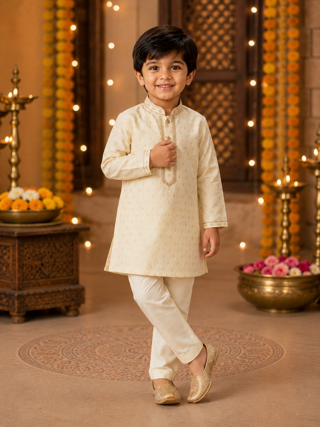Boys Cream Embroidered Kurta Pajama Set | Premium Ethnic Wear for Kids | Festive, Wedding & Traditional Outfit (1–8 Years)