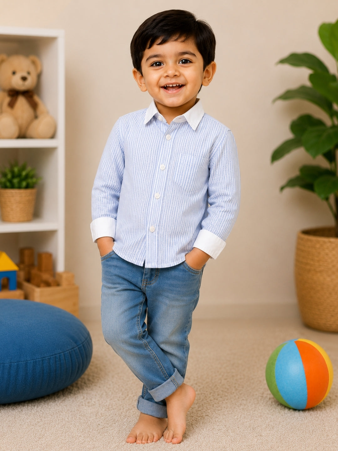 Boys Blue & White Striped Cotton Shirt | Full Sleeve Casual Formal Shirt for Boys | Premium Kids Shirt