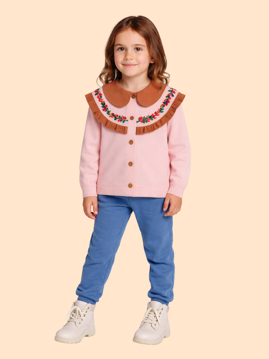 Girls Pink Embroidered Collar Sweatshirt with Pants | Winter Casual Outfit (3-8 Years)