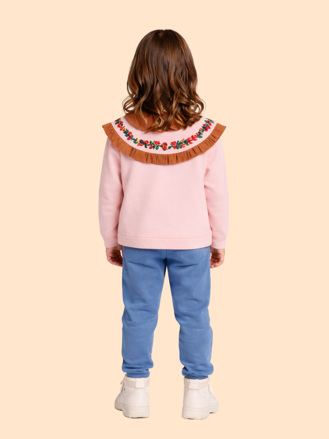Girls Pink Embroidered Collar Sweatshirt with Pants | Winter Casual Outfit (3-8 Years)