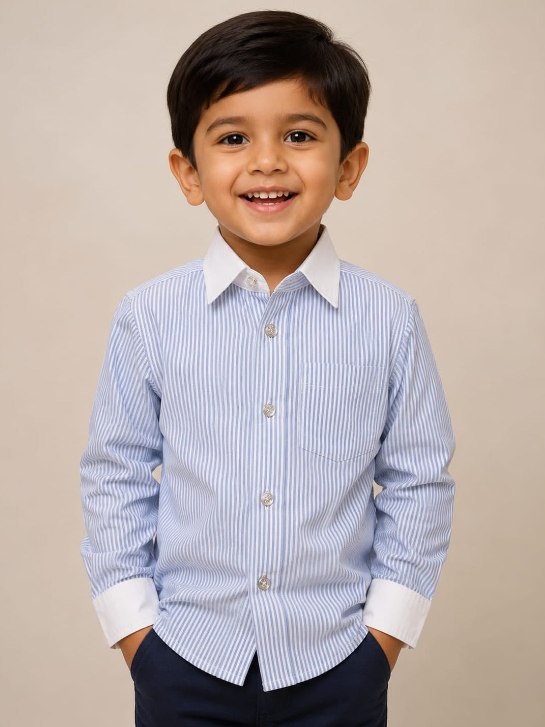 Boys Blue & White Striped Cotton Shirt with Navy Blue Trousers | Formal Co-ord Set for Boys | Smart Casual Party Wear Outfit