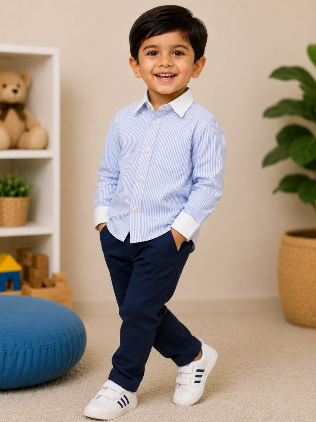 Boys Blue & White Striped Cotton Shirt with Navy Blue Trousers | Formal Co-ord Set for Boys | Smart Casual Party Wear Outfit