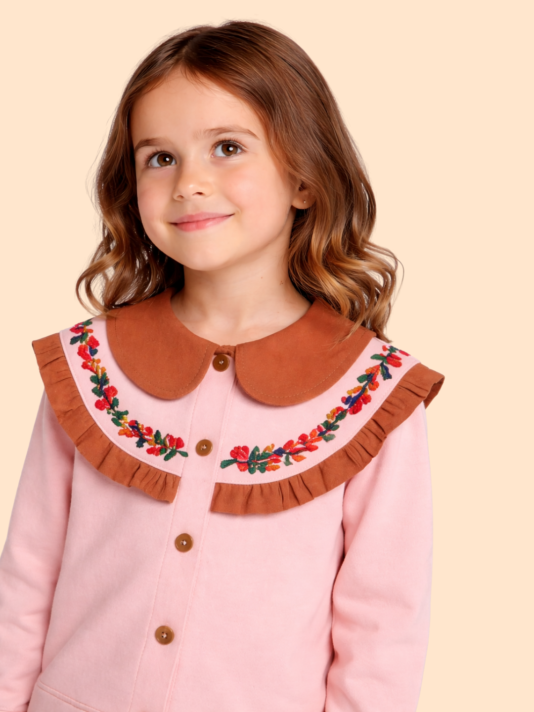 Girls Pink Embroidered Collar Sweatshirt with Pants | Winter Casual Outfit (3-8 Years)
