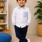 Boys White Cotton Shirt with Navy Blue Trousers | Full Sleeve Formal Co-ord Set | Smart Party Wear Outfit for Boys