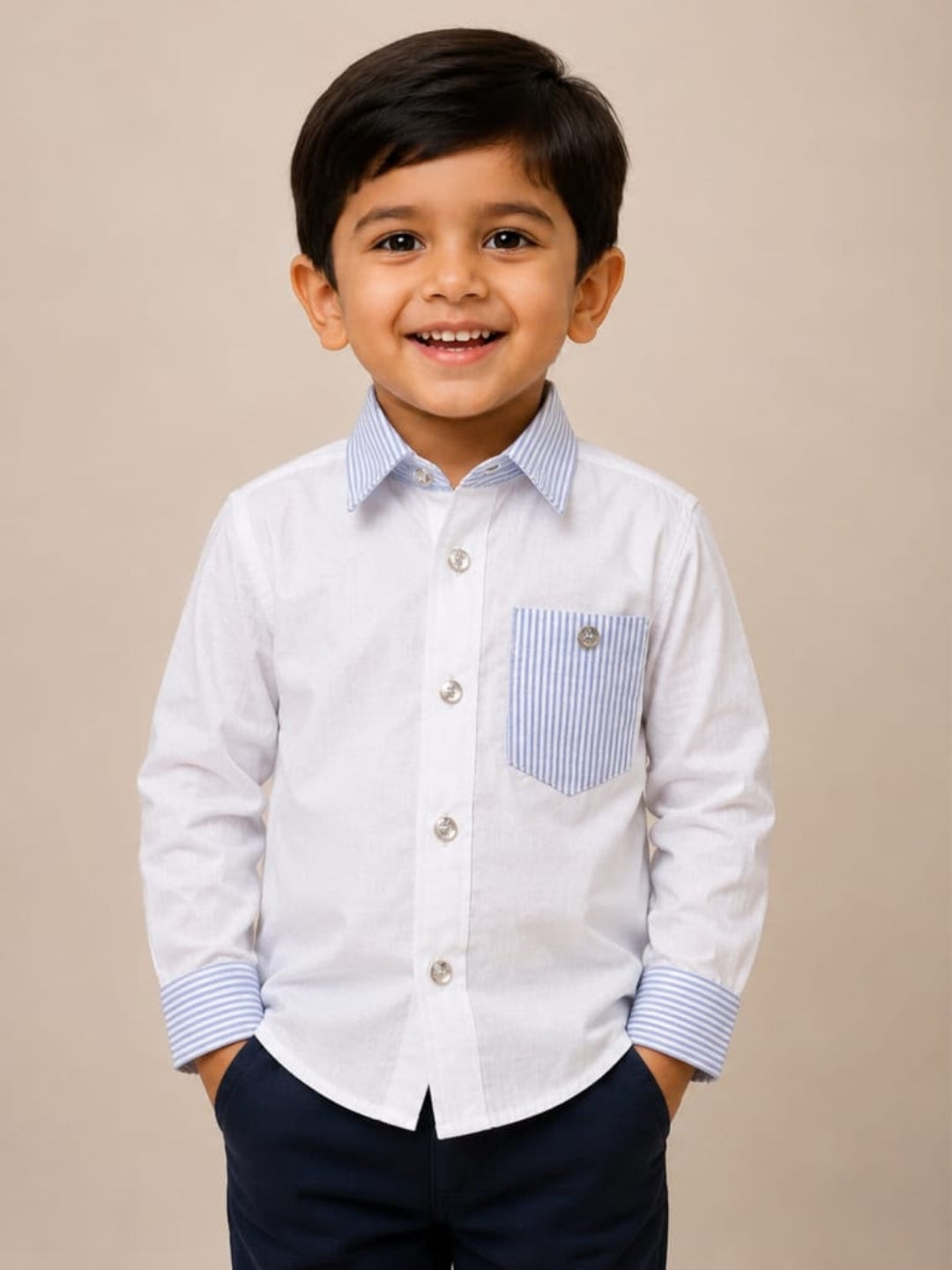 Boys White Cotton Shirt with Navy Blue Trousers | Full Sleeve Formal Co-ord Set | Smart Party Wear Outfit for Boys
