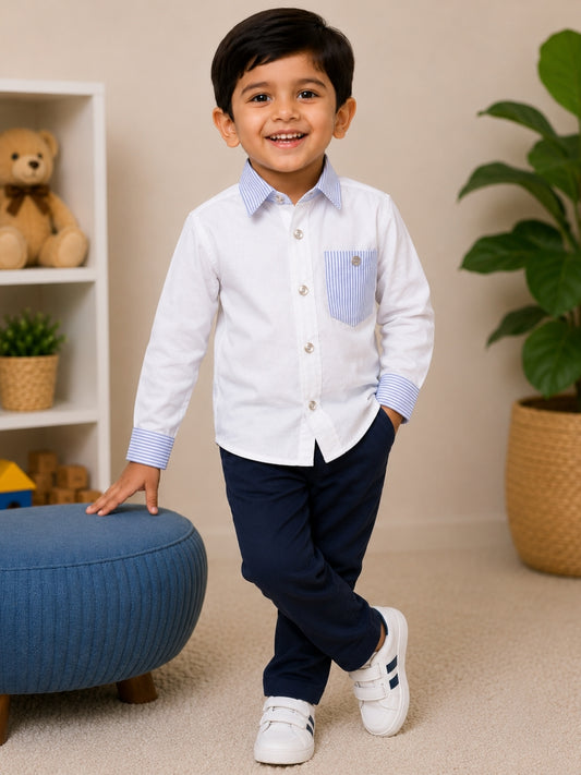 Boys White Cotton Shirt with Navy Blue Trousers | Full Sleeve Formal Co-ord Set | Smart Party Wear Outfit for Boys
