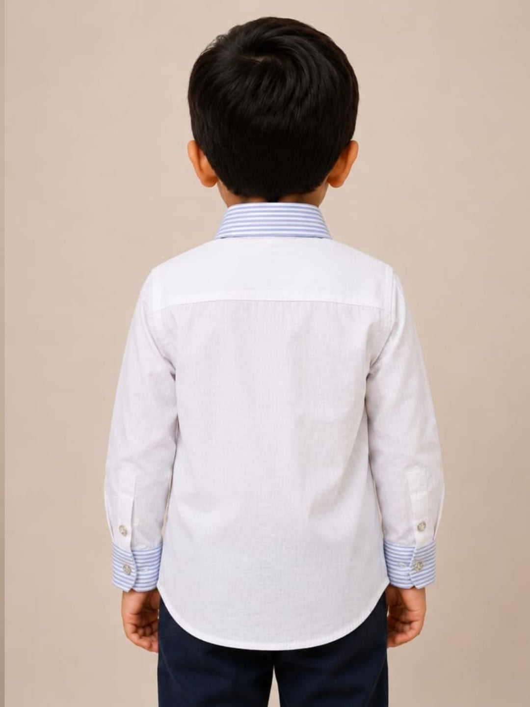 Boys White Cotton Shirt with Navy Blue Trousers | Full Sleeve Formal Co-ord Set | Smart Party Wear Outfit for Boys