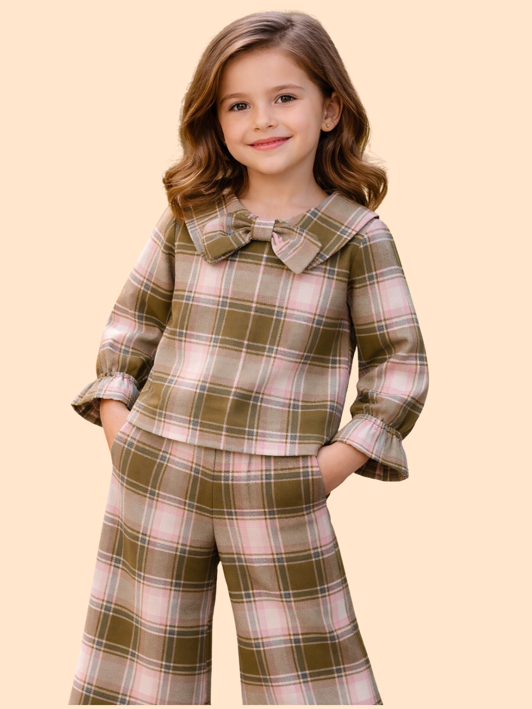 Girls Plaid Co-Ord Set with Bow Collar | Stylish Top & Pants Outfit (2-10 Years)