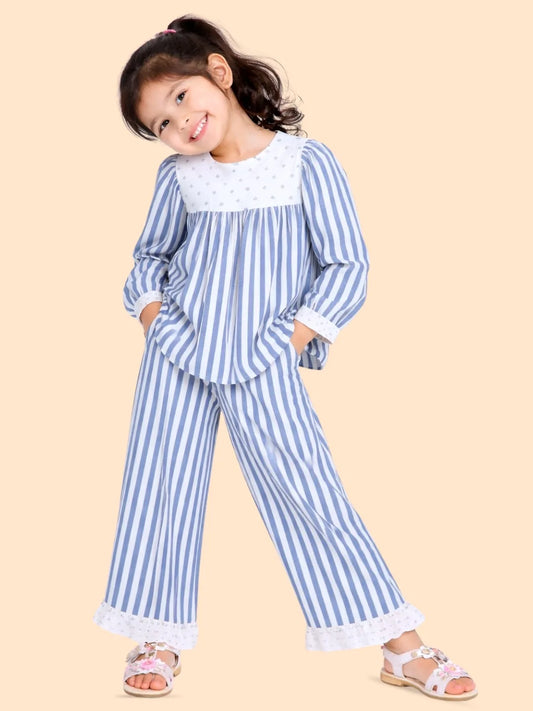 Girls Blue Striped Co-ord Set | Full Sleeve Top & Pants Outfit for Kids (2-6 Years)