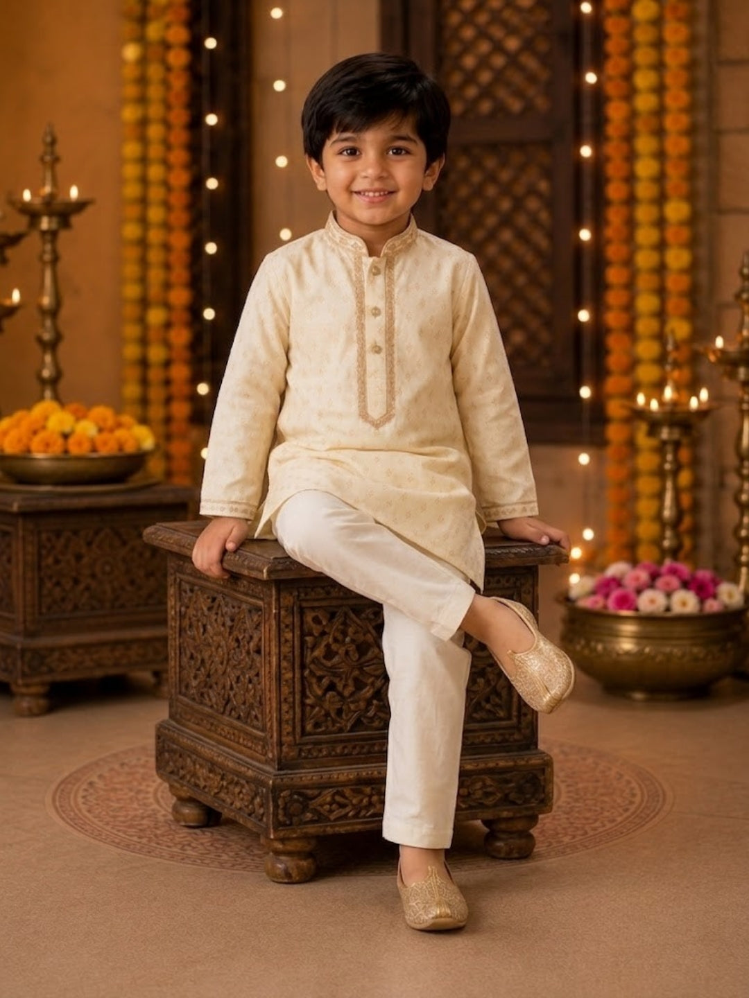 Boys Cream Embroidered Kurta Pajama Set | Premium Ethnic Wear for Kids | Festive, Wedding & Traditional Outfit (1–8 Years)