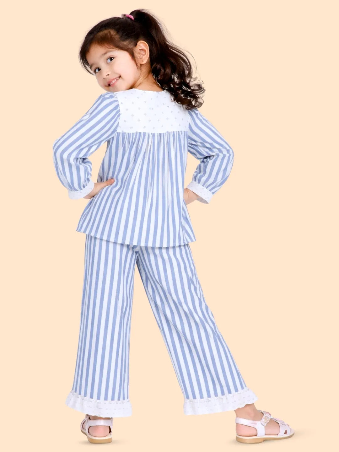 Girls Blue Striped Co-ord Set | Full Sleeve Top & Pants Outfit for Kids (2-6 Years)