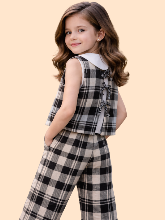 Girls Black & White Plaid Co-Ord Set with Collar Top | Stylish Party Outfit (2-10 Years)
