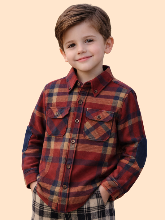 Boys Red Checkered Casual Shirt with Elbow Patch | Stylish Cotton Winter Shirt (2-10 Years)
