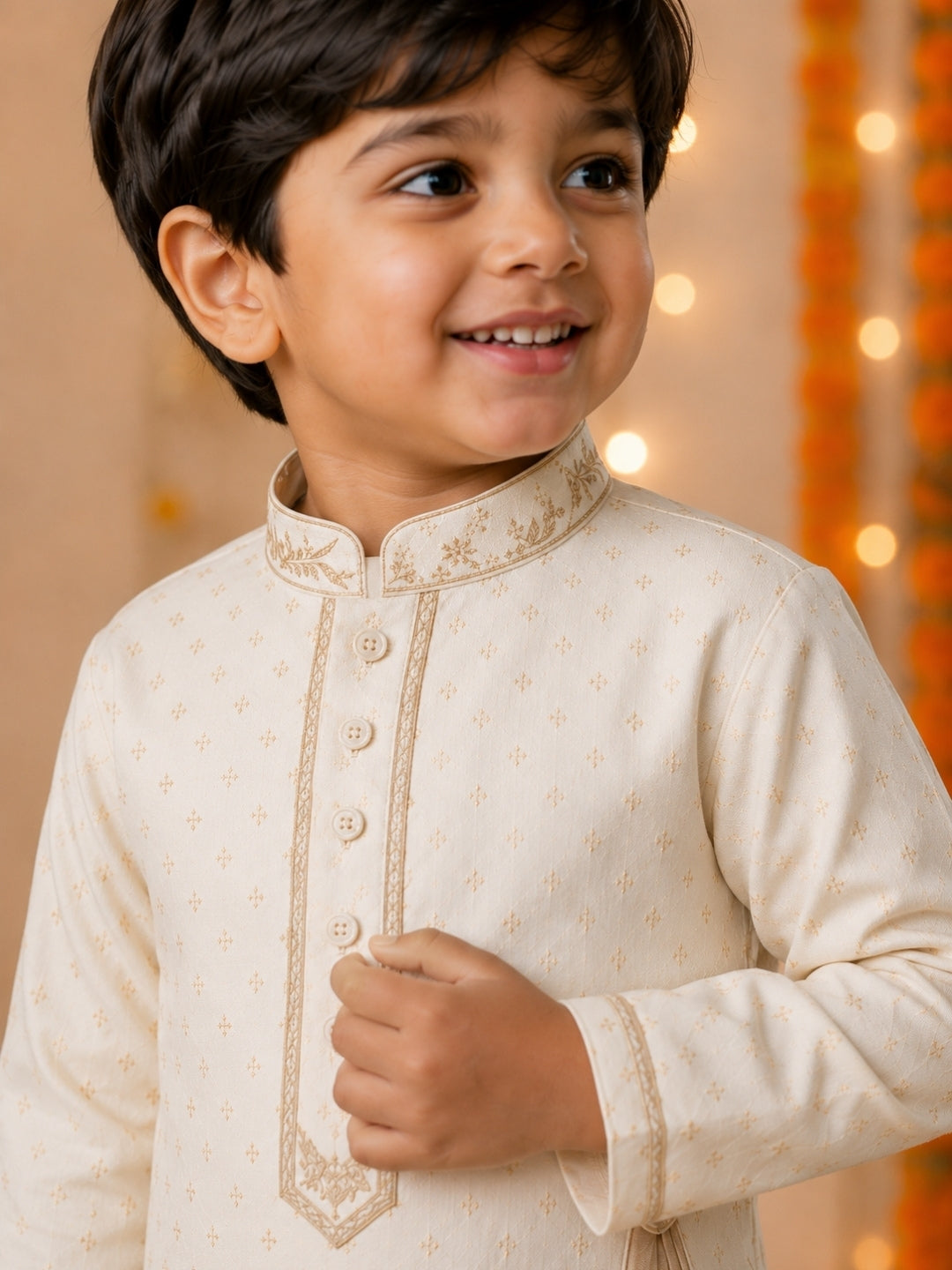 Boys Ivory Embroidered Kurta Pajama Set | Premium Ethnic Wear for Kids | Festive & Wedding Outfit (1–8 Years)