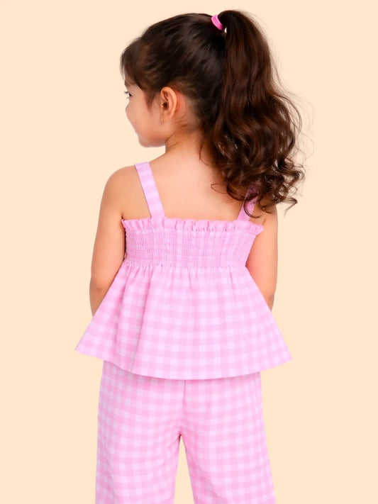 Girls Pink Checkered Co-ord Set | Sleeveless Top & Pants Outfit for Kids (2-6 Years)