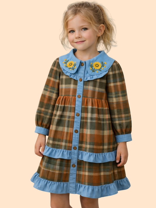 Girls Checked Cotton Dress with Embroidered Collar | Stylish Casual & Party Wear Dress (1–6 Years)