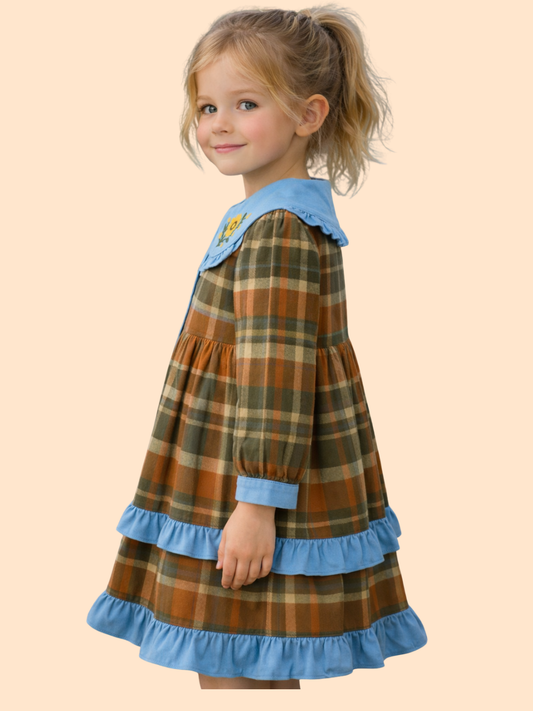Girls Checked Cotton Dress with Embroidered Collar | Stylish Casual & Party Wear Dress (1–6 Years)