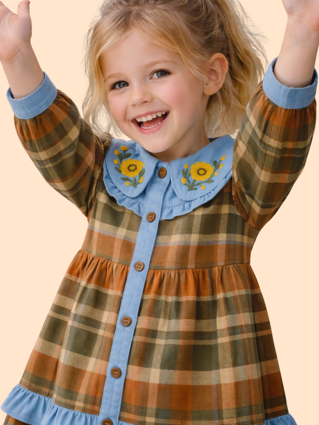 Girls Checked Cotton Dress with Embroidered Collar | Stylish Casual & Party Wear Dress (1–6 Years)