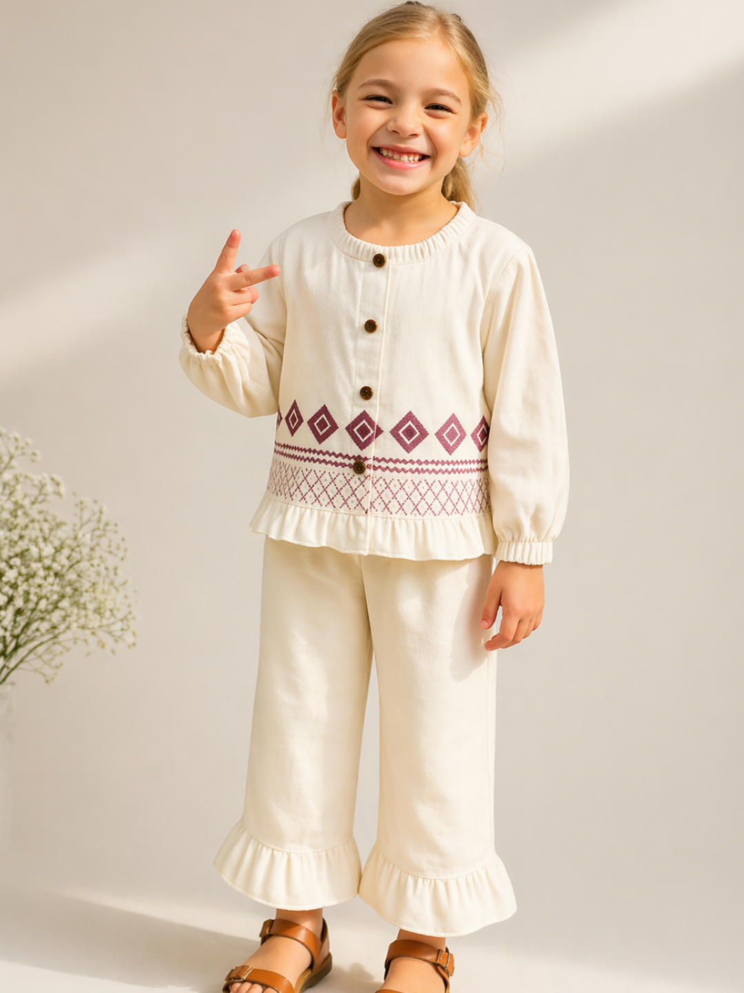 Girls Cream Cotton Co-Ord Set with Ethnic Print | Stylish Top & Pant Set for Kids (2–7 Years)