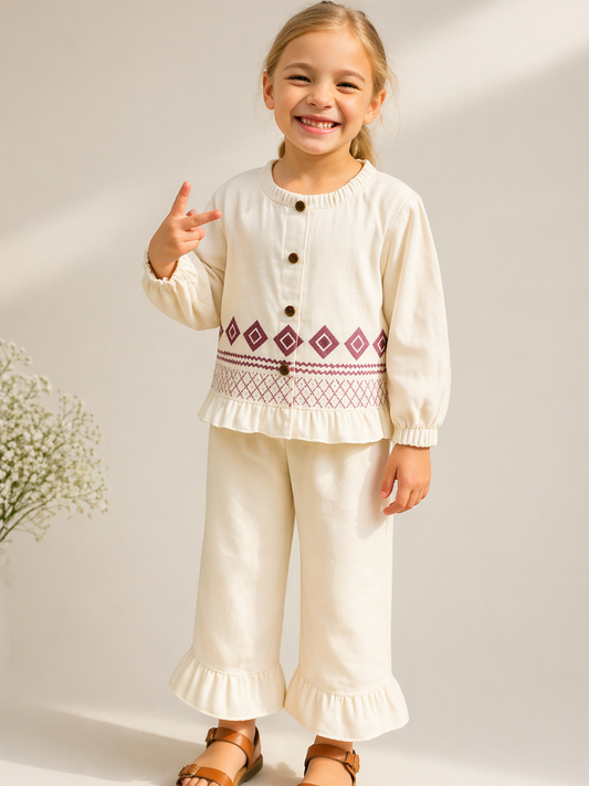 Girls Cream Cotton Co-Ord Set with Ethnic Print | Stylish Top & Pant Set for Kids (2–7 Years)