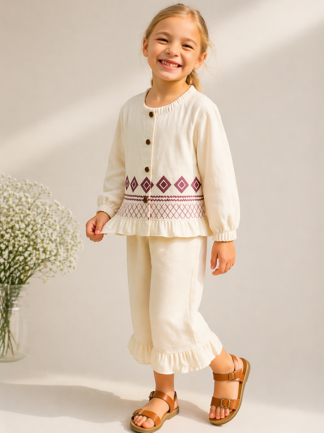 Girls Cream Cotton Co-Ord Set with Ethnic Print | Stylish Top & Pant Set for Kids (2–7 Years)