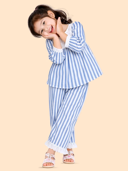 Girls Blue Striped Co-ord Set | Full Sleeve Top & Pants Outfit for Kids (2-6 Years)